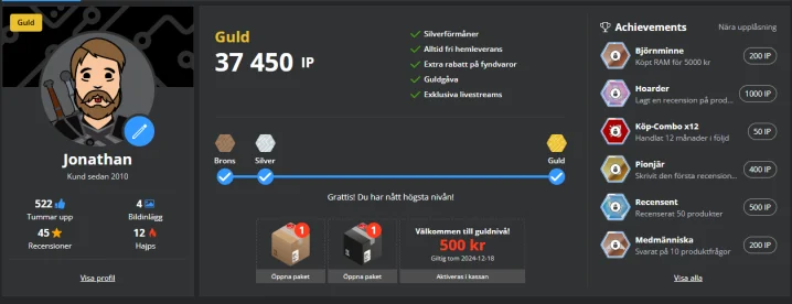 Inet customer club levels and achievements